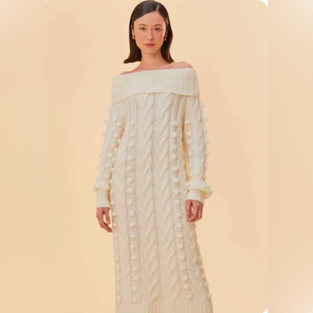 Farm Rio Braided Midi Sweater off shoulder chunky knit Dress Sz M NWT fall luxe - Picture 4 of 13